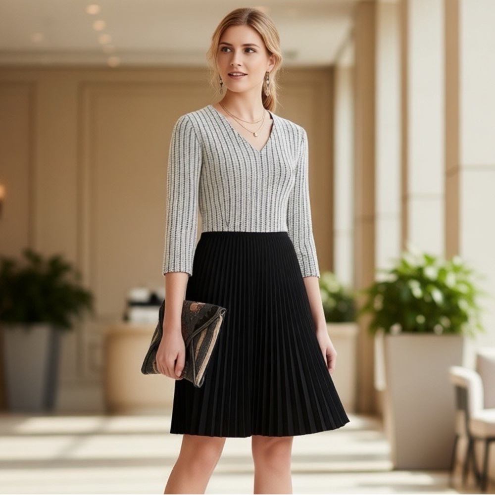 ANTHROPOLOGIE x GANNI Two Tone Knit Pleated Dress 3/4 Sleeves Cream Black Sz: S
